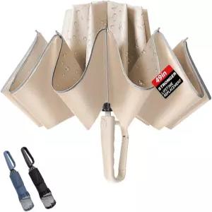 탑세일 10 리브 뒤집힌 우산 카라비너 손잡이 포함 비와 태양을 위한 크고 튼튼한 접이식 방풍 안전한 반사