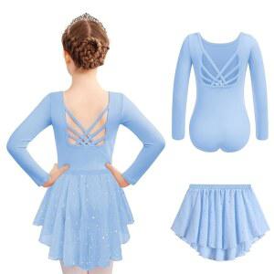 소녀용 자클로트레 발레 레오타드 롱 슬리브 크로스 백 댄스 의상과 탈부착 가능한 반짝이는 스커트 콤보
