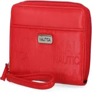 가죽 여성 RFID 클러치 지갑 주위의 더블 지퍼에 손목 스트랩 푸에고 레드가 있는 노티카