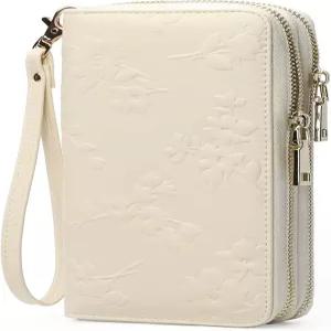 iijay 여성 지갑 RFID 차단 대용량 가죽 더블 지퍼 손목렛 신용카드 휴대폰 홀더 클러치 플로라