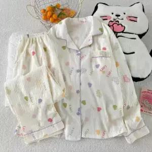 봄 가을 커플잠옷세트 컬러 하트 잠옷 얇은 카디건 긴팔 세트 ible3