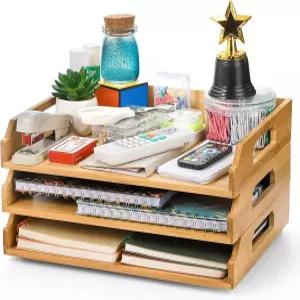 Okllen 3팩 적재 가능한 종이 트레이 대나무 책상 편지 세트 A4 용지 잡지 영수증 사무용품용 3단 파일