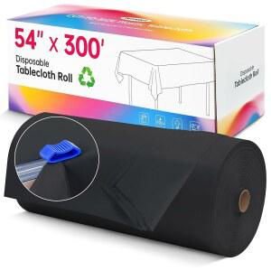 플라스틱 식탁보 일회용, 54인치 X 300피트 블랙 식탁 커버 롤, 직사각형 원형 테이블용 슬라이드 커터가 있는 일회용 식탁보, 생일, 결혼식, 피크닉, 야외용 파티