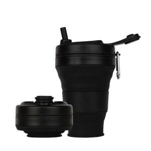 피크닉 히킹 캠핑 클라이밍을 위한 20온스 경량 접이식 물 머그잔을 빨대 뚜껑이 있는 CYNROFVEN 실리콘 커피 컵 (블랙)