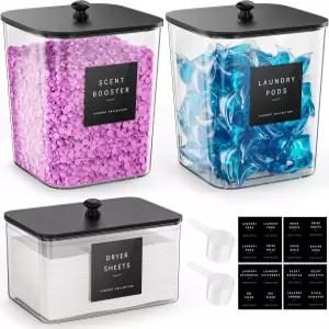 Moforoco 3팩 세탁 포드 용기 투명 세탁실 정리 대형 세제 분말 보관함 검은색 나무 뚜껑 및 라벨 아크릴