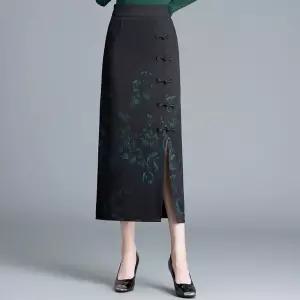 피콜로 치마 여성용 미디 가을 데일리룩 H라인 에스닉 다이얼 단추 패션 랩 슬릿 KUK3