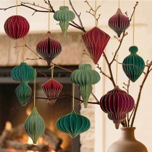 나무용 레드 및 그린 크리스마스 종이 벌집 장식품 24개, 3D 글리터 엣지 랜턴 재사용 가능한 장식 벽걸이 트리 새해 휴일 파티 홈 데코