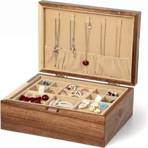 댄폭서 아카시아 우드 주얼리 박스 정리함 힌지 뚜껑이 있는 나무 목걸이 귀걸이 반지 및 팔찌용 탈착식