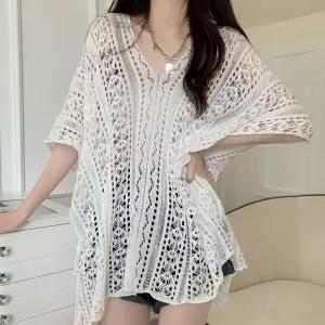 여성 V넥 여름 그물 망사 반팔 니트 루즈핏 상의