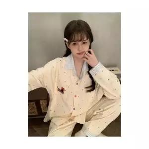 띠엔다 커플 잠옷세트 실내복 가을 도트 강아지 잠옷 캐주얼 긴팔 바지 세트 ADOR3