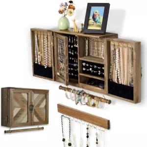 이클 나무 보석 정리함 벽걸이 탈부착 가능한 팔찌 막대와 목걸이용 고리가 달린 홀더 귀걸이 반지 갈색