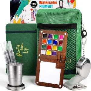 미니 수채화 여행 세트 - 팔레트 브러시 컵 저널 및 캐리백이 포함된 아티스트용 올인원 포켓 물감 키트