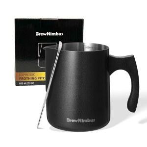 우유 거품 피처, 600ml(20온스) /에스프레소 스팀 라떼 아트 펜이 있는 거품기 컵, 스테인리스 스틸 카푸치노 커피 머신 액세서리 바리스타 도구, 블랙
