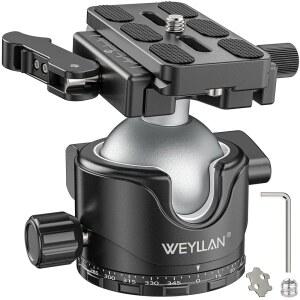 WEYLLAN EH46L 스테인리스 스틸 잠금 핀이 있는 레버 볼 헤드, 46mm 로우 프로파일 튼튼한 삼각대 헤드 마운트, Arca Swiss 퀵 릴리즈 플레이트 포함, 모노포드 DSLR 카메라 캠코더 망원경용