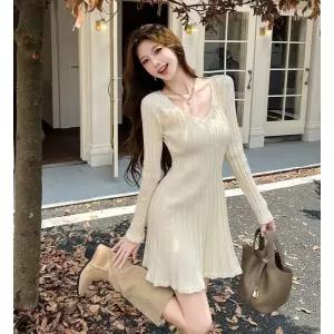 EAMT 니트 원피스 스커트 여친 가을 브이넥 A라인 프렌치 YJ3