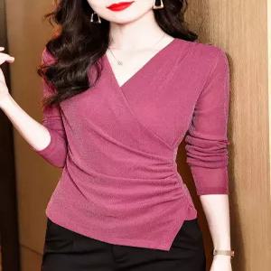 율랑팡 여자 망사 이너 레이스 블라우스 랩 브이넥 티셔츠 긴팔 봄철 탑 HO1