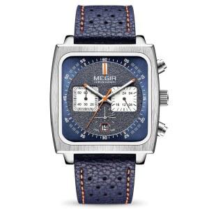 [미국배송] MEGIR 남성용 직사각형 비즈니스 워크 아날로그 쿼츠 크로노그래프 야광 스포츠 손목시계 가죽 스트랩 2182 블루