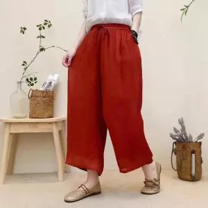 와칸다 바지 여자 여름 캐주얼 배기핏 모시 이중 배기 밴딩 허리끈 루즈핏 솔리드 마 7부 KKE1