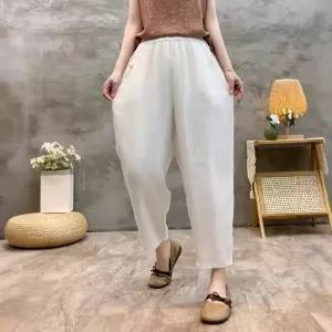 와칸다 팬츠 여성용 여성 여름 빈티지 허리 워싱 슬랙스 마 샌드 리넨 배기핏 밴딩 9부 KKE1