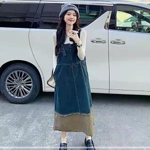 스커트 귀여운 멜빵 원피스 데님 여성 오버롤 배색 QWDD388F