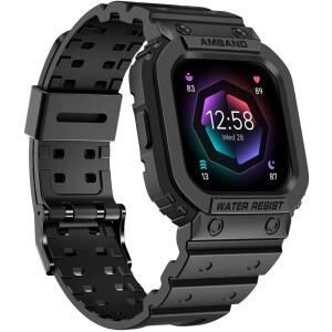 amBand Fitbit Versa 2 호환 밴드, 범퍼 케이스 포함, 및 Lite용 보호 견고한 프로텍터 교체용 스트랩 스포츠 밀리터리 시계 손목 무광 블랙