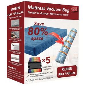 퀸 /풀 XL 매트리스 진공 백, 이동 및 보관을 위한 씰 압축 풀 사이즈 매트리스용, 튼튼한 밀봉 클립 스트랩 5개 포함