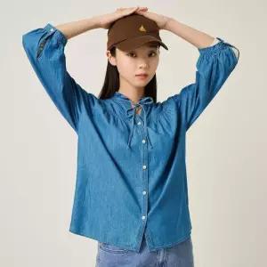 매장정품 BEANPOLE 빈폴 데님 러플넥 리본 타이 7부 소매 블라우스 - 블루 (BF5764C57P) 1061250