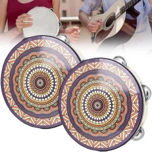 8인치 탬버린 2Pcs 핸드헬드 나무 드럼 벨 교회 파티용 내셔널 스타일 패턴 핸드벨 싱글 로우 징글 타악기