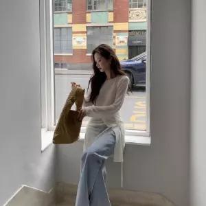 밴널스샵 치마 여성용 니트 가을 투피스 탑+원턱 긴팔 정장세트 스트랩 슬림핏 HO3