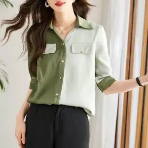 EAMT 여성 여름 톱 브이넥 큐빅 투포켓 새틴 셔츠 7부 YJ1