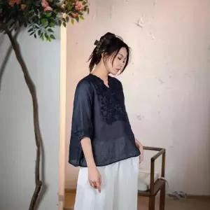 EAMT 여사친 여름모시자수브이넥풀오버탑솔리드루즈핏반팔셔츠 YJ1