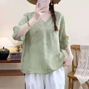 EAMT 여성 여름 루즈핏 버튼 멀티 풀오버 브이넥 모시 반소매 자수 셔츠 슬림핏 YJ1