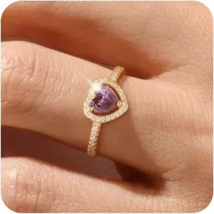 여성용 ZHESHY 골드 탄생석 반지 14K 도금 약속 하트 헤일로 젬스톤 큐빅 지르코니아 결혼식 약혼 기념