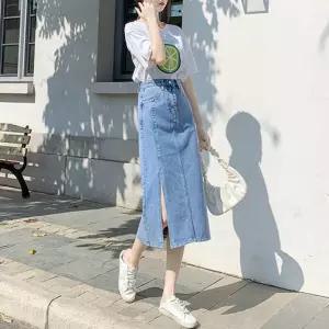 앞트임스커트 롱데님 청치마 앞절개 A라인 워싱 연청 QkM6+4aGs