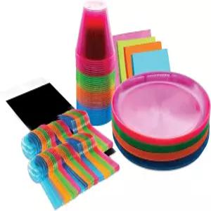 파티 에센셜 일회용 플라스틱 야광 용품 식기 장식 접시/컵/커틀리/테이블 커버 193개 모듬 네온