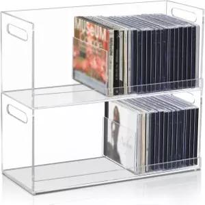 크로블리스풀 아크릴 CD 보관함 2개 컷아웃 휴대용 손잡이가 있는 투명 적층형 홀더 랙 미디어용 정리 선반