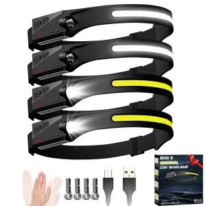 헤드램프 충전식 4팩, 6가지 모드 1200루멘 LED 헤드램프, 모션 센서, 230 COB 와이드 빔 헤드라이트 밝은 캠핑 액세서리 기어, 하이킹, 러닝용 손전등
