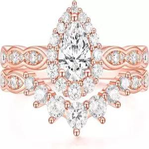 티그레이드 1CT 브라이덜 링 세트 티어드롭 웨딩 밴드 빈티지 배 큐빅 지르코니아 약혼 반지 헤일로 CZ