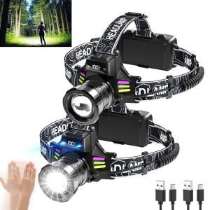 충전식 헤드램프 2팩, 7가지 모드로 3500루멘 밝은 헤드라이트, 모션 센서 및 캠핑, 하이킹, 러닝, 발광 스트립을 위한 디지털 디스플레이 방수 기능