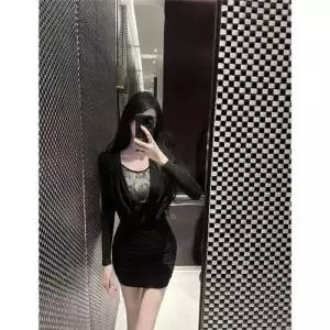 스커트 원피스 여성용 페이크 직각 플리츠 긴팔 랩 터틀넥 레이스 CH1