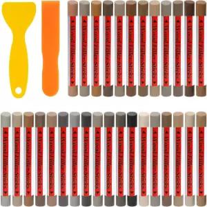 XLWJBES 30+2p 우드 필러 스틱 - 30가지 색상의 마커 가구 수리 왁스 크레용 스크레이퍼 2개 포함 터치 업