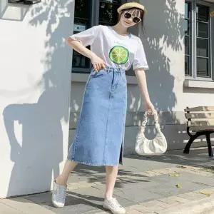 여성 데일리 앞 절개 데님 롱스커트 청스커트 미디 OyG5+3KGb