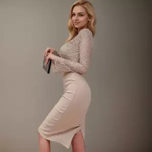 원피스 여성용 랩스커트 브이넥 레이스 미디엄 슬림핏 KS1