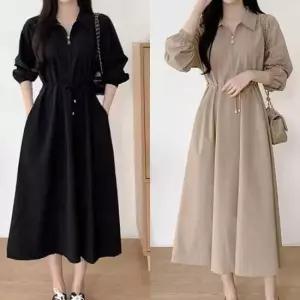 체크원피스 집업 카라 롱원피스 허리 뒷밴딩 A라인 스트링