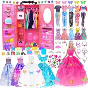 140 팩 11.5 인치 인형 및 옷장 세트 - 웨딩 드레스 신발 목걸이 가방 등을 포함한 패션 DIY 의류 액세서리