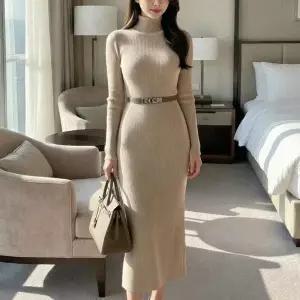 [다잇템] 여자 데일리 슬림핏 롱 폴라넥 스웨터 원피스