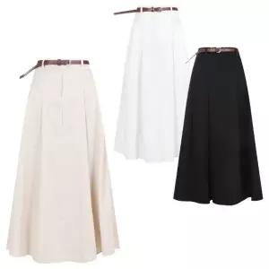 [샵앤] 여성 하객룩 출근룩 뒷밴딩 앞핀턱 벨트 A라인 롱 스커트 EGG-WSK-20664