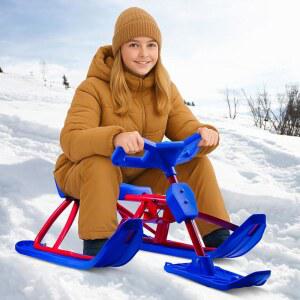 스티어링 휠이 있는 스노우 레이서 썰매 스키 슬라이더, 미끄럼 방지 시트 4.5피트 당김 로프 겨울 스포츠 썰매, 176파운드 적재 용량 아이스 스케이팅 샌드 (파란색)