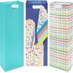 홀마크 13인치 대형 생일 선물 가방 번들(3개 레인보우 색종이 케이크 격자무늬 솔리드 청록색)