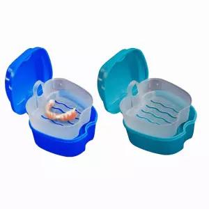 스트레이너 바구니가 있는 2개의 PCS 틀니 욕조 케이스 가짜 치아 보관함 홀더 여행 청소용 컵 담근